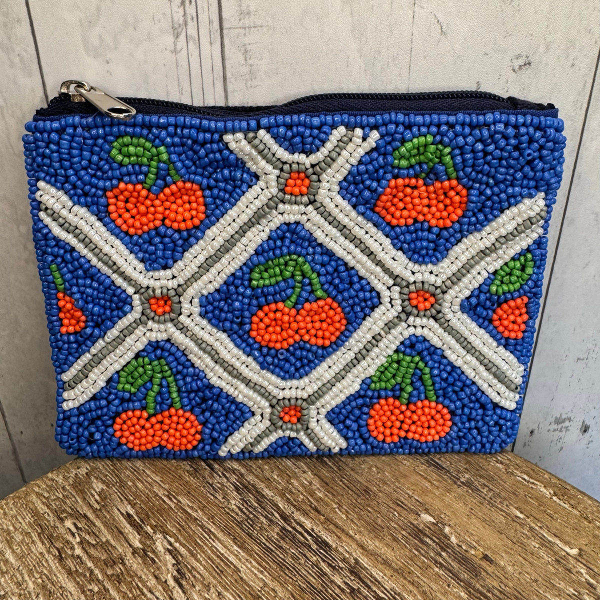 Beaded Blue Coin Purse Cherry Cherries Fun Summer Womens Travel Pouch NEW!