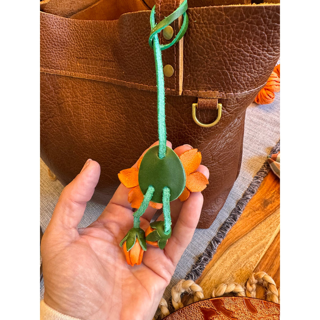 Genuine Leather Trailing Orange Flower Purse Charm Leather Bag Charm