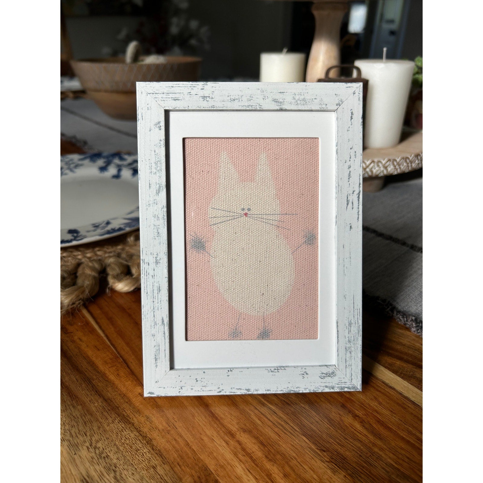 Pink Kitty Cat White Cat Mini Picture Frame Original Art Desk Wall Art Decor
