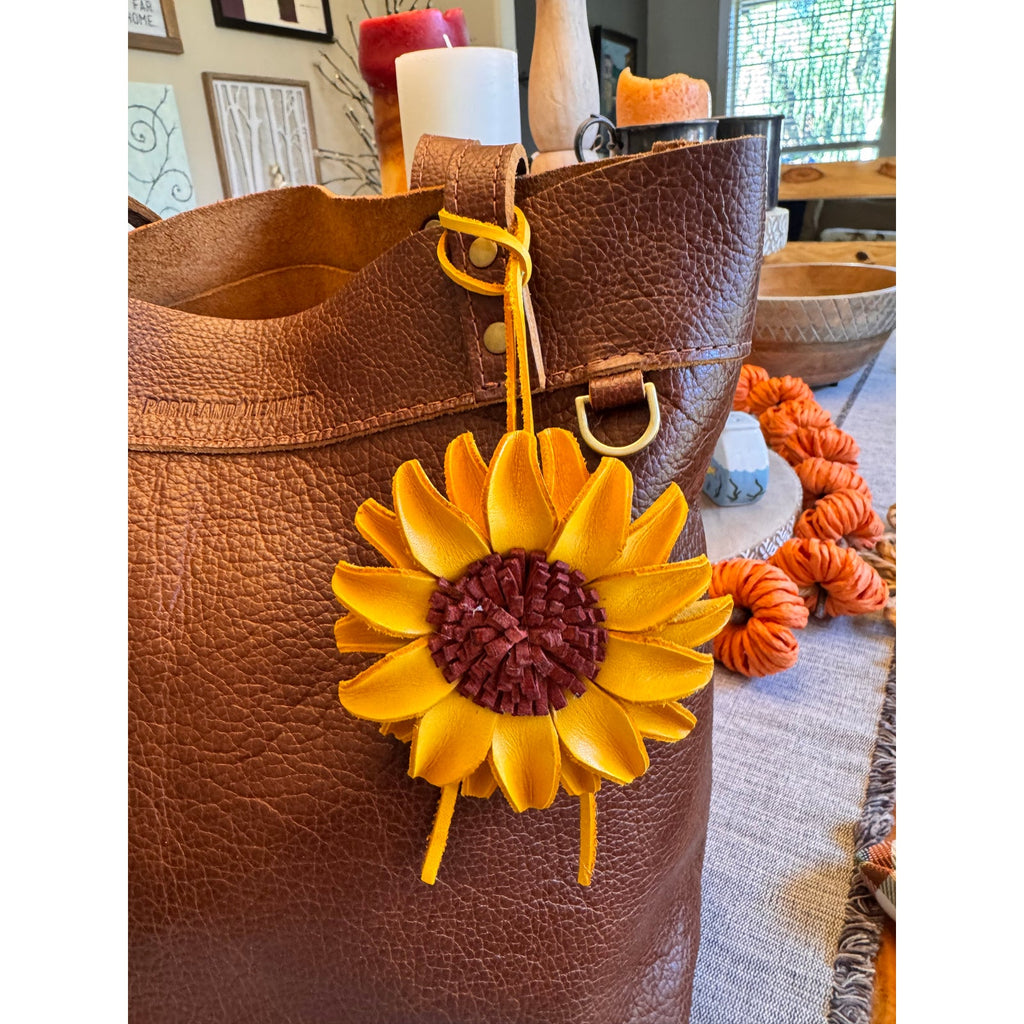 Yellow Sunflower Genuine Leather Purse Charm Leather Yellow Bag Charm