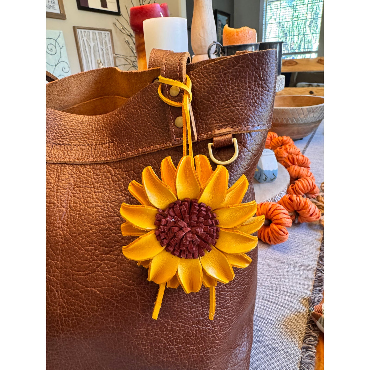 Yellow Sunflower Genuine Leather Purse Charm Leather Yellow Bag Charm