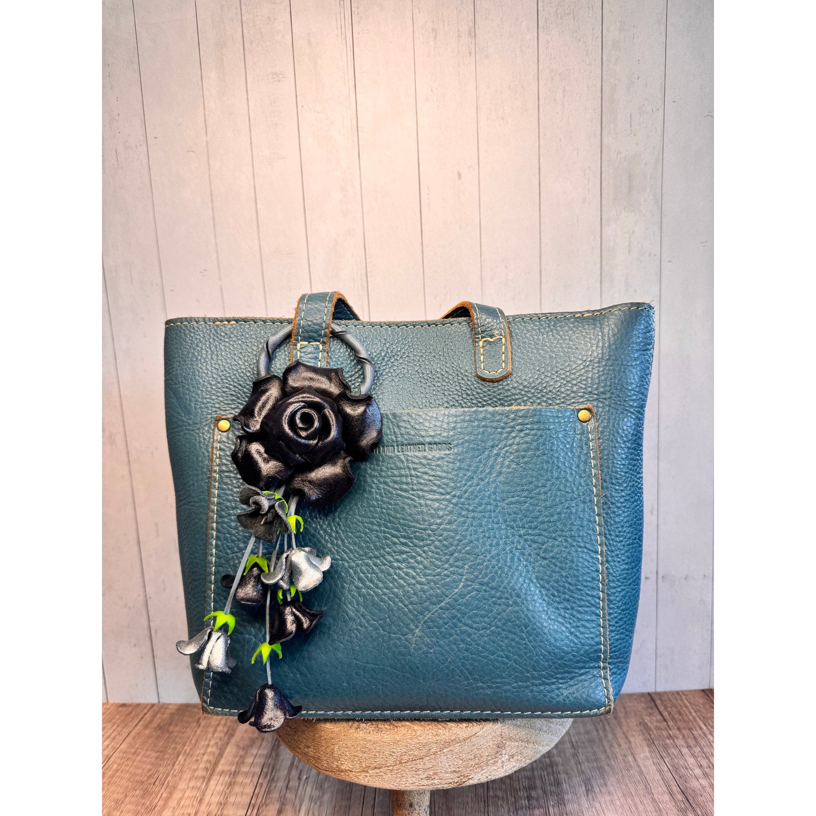 Leather Black Rose Purse Charm Genuine Leather Flower Bag Charm FAST SHIP