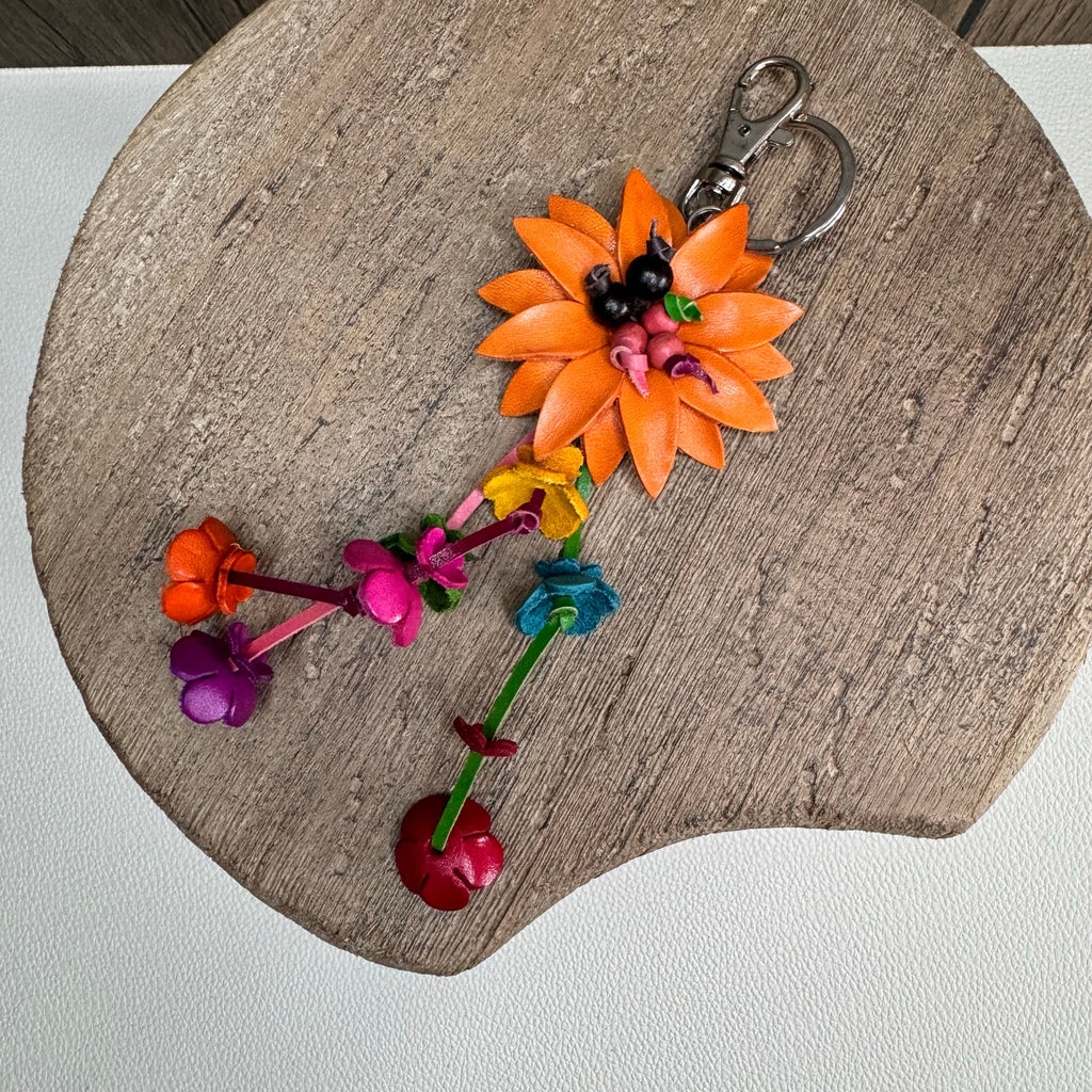 Daisy Flower Leather Bag Charm Genuine Orange Leather Purse Crossbody Keychain