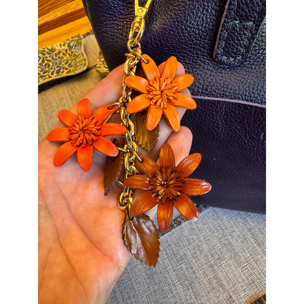 Autumn Orange Flower Bag Charm Genuine Leather Purse Charm Flower Charms NEW!