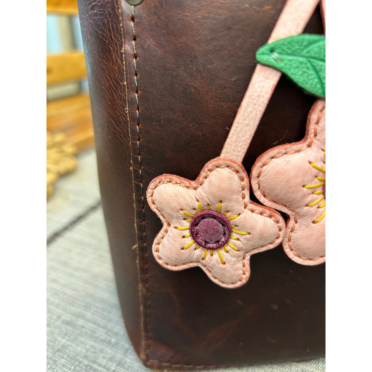 Double Pink Flower Bag Charm Daisy Flower Genuine Leather Purse Charm