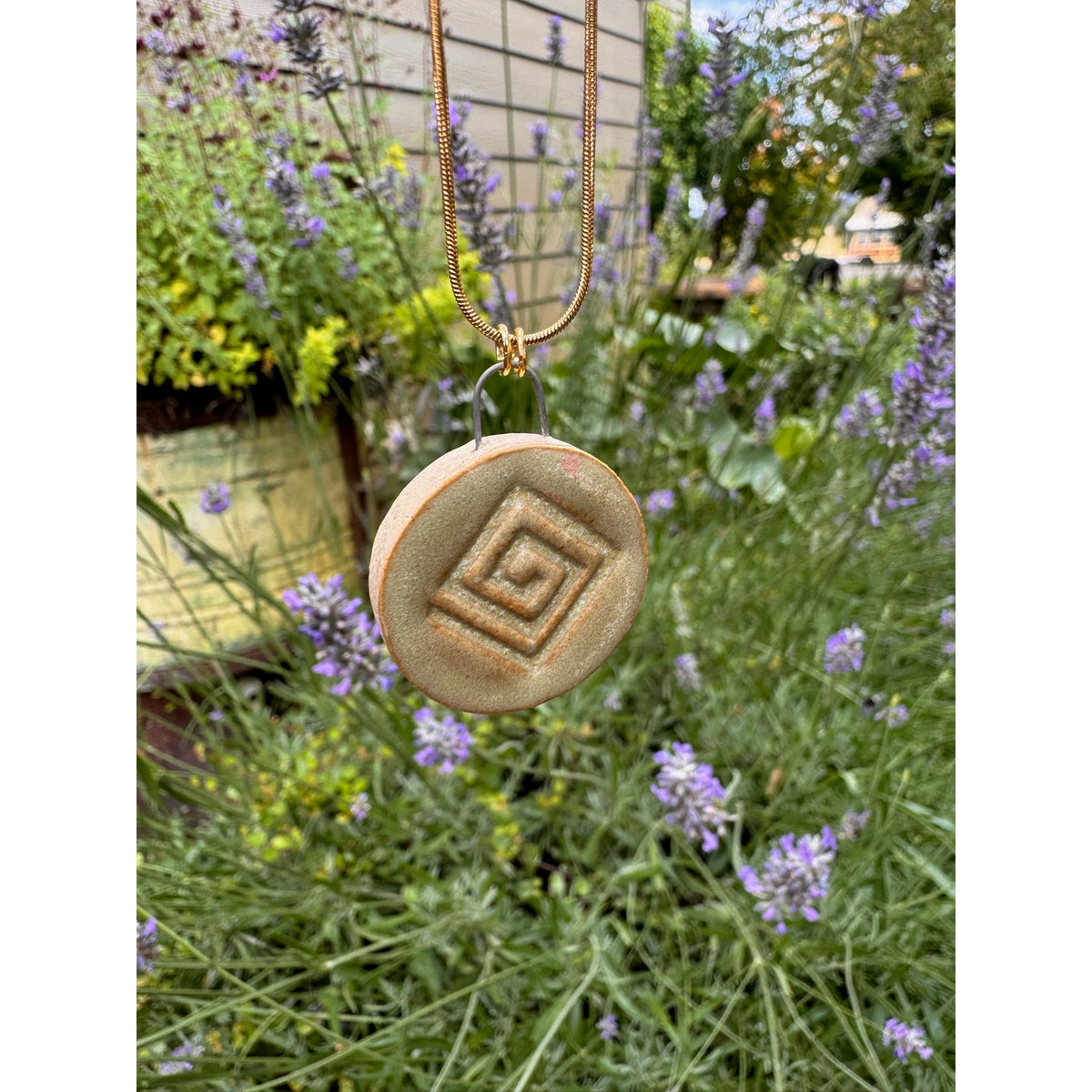 Kiln Fired Light Green Neutral Necklace Handcrafted Ceramic Round Pendant