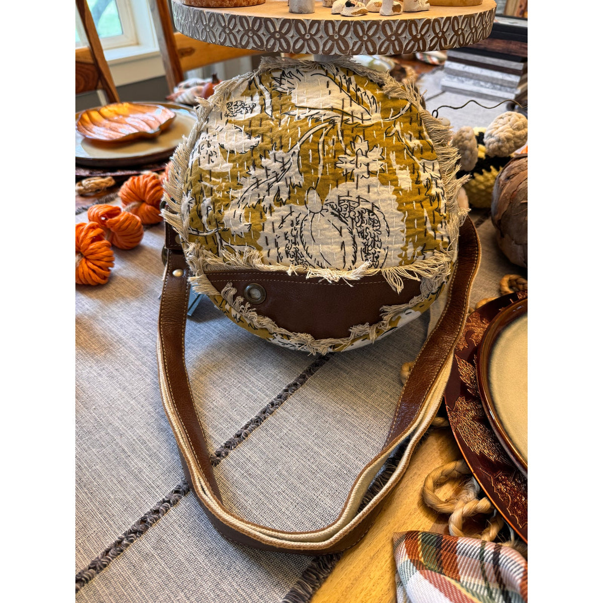 Fabric Flower Purse Beige Gold Circle Crossbody Bag Boho Accessories 9 inch