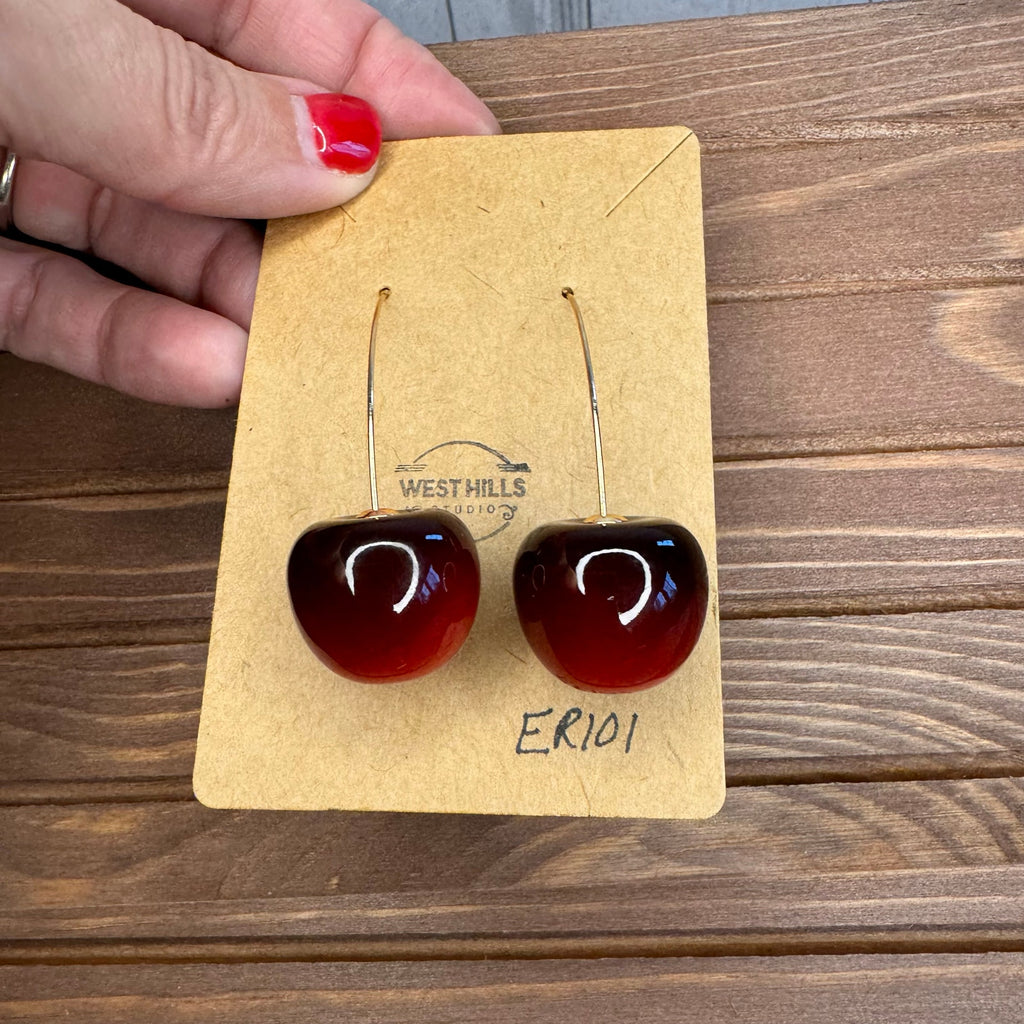 Red Cherry Earrings Dangle Red Fruit Earrings NEW! Fast Ship Gold Accents
