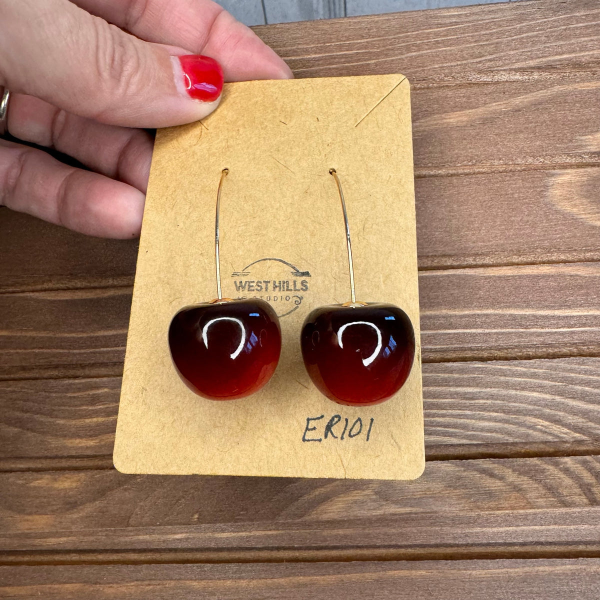Red Cherry Earrings Dangle Red Fruit Earrings NEW! Fast Ship Gold Accents