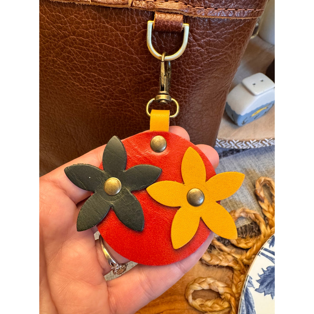 Double Daisy Flower Bag Charm Genuine Leather Red Yellow Blackish Green Charm