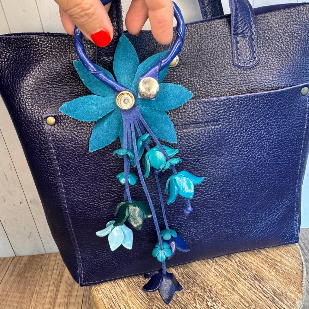 Leather Purse Charm Blue Flower Charm Genuine Leather Daisy Bag Charm NEW!