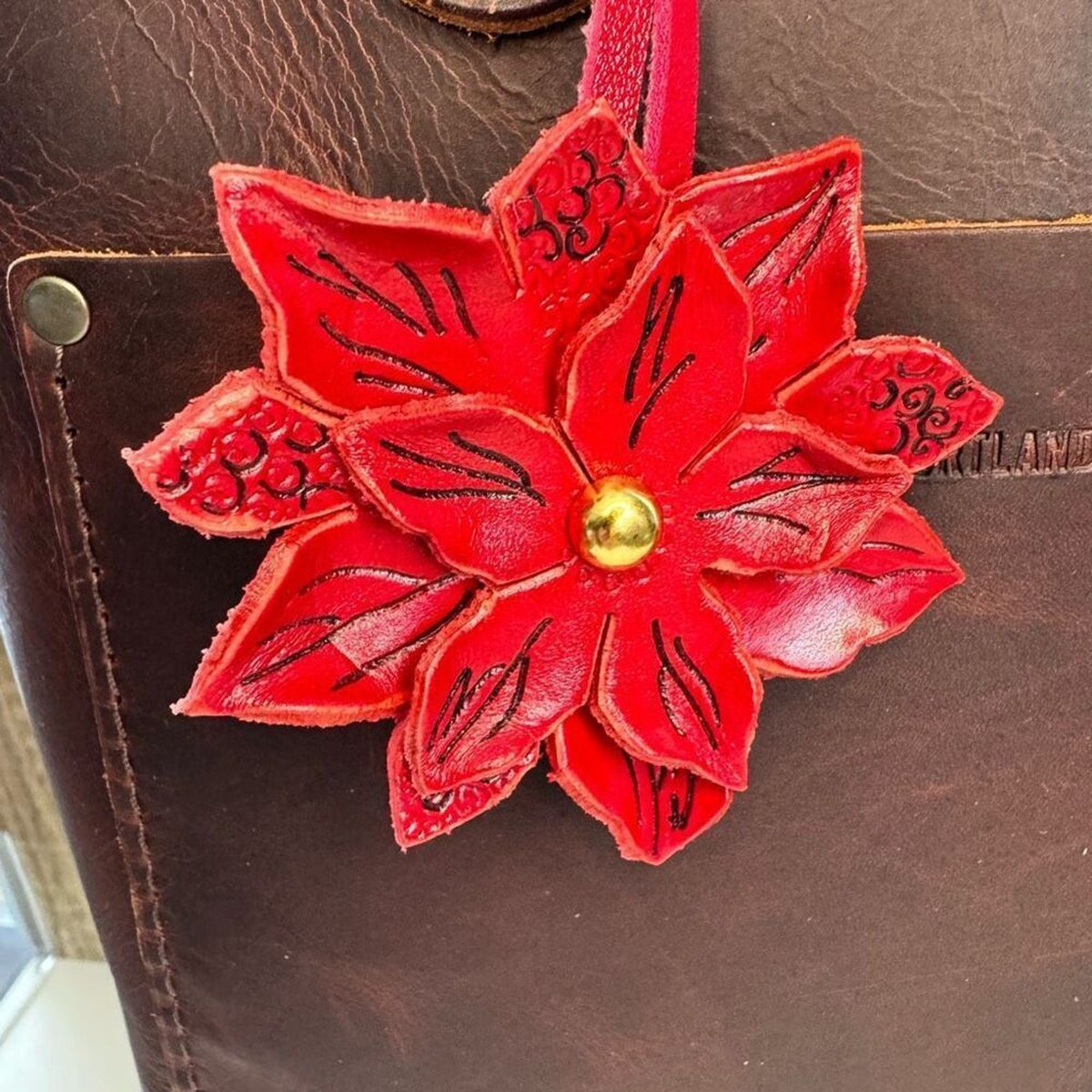 Poinsettia Leather Purse Charm Hand Painted FAST SHIP Leather Keychain Bag Flair