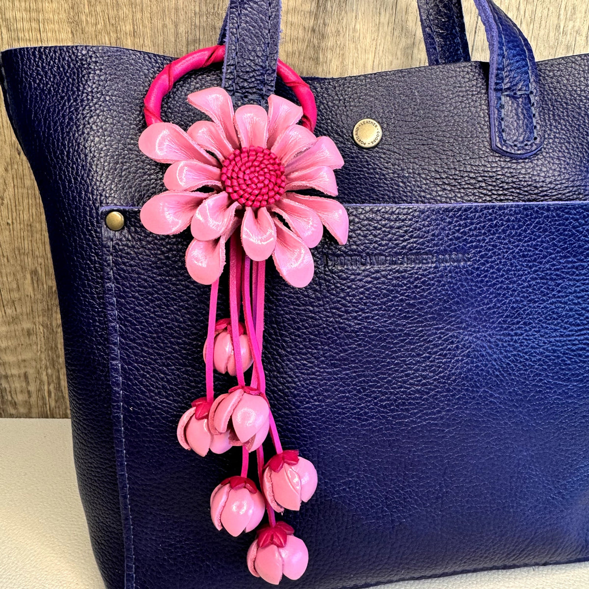 Leather Flower Purse Charm Genuine Leather Pink Gerbera Daisy Bag Charm