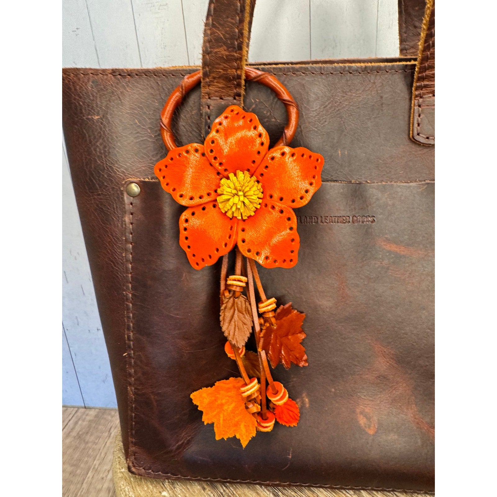 Autumn Orange Leather Purse Charm Genuine Leather Orange Flower Bag Charm