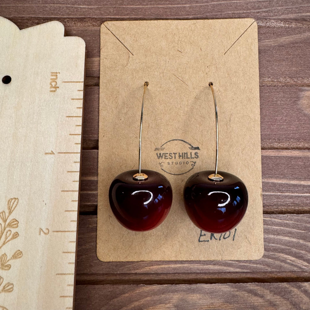 Red Cherry Earrings Dangle Red Fruit Earrings NEW! Fast Ship Gold Accents