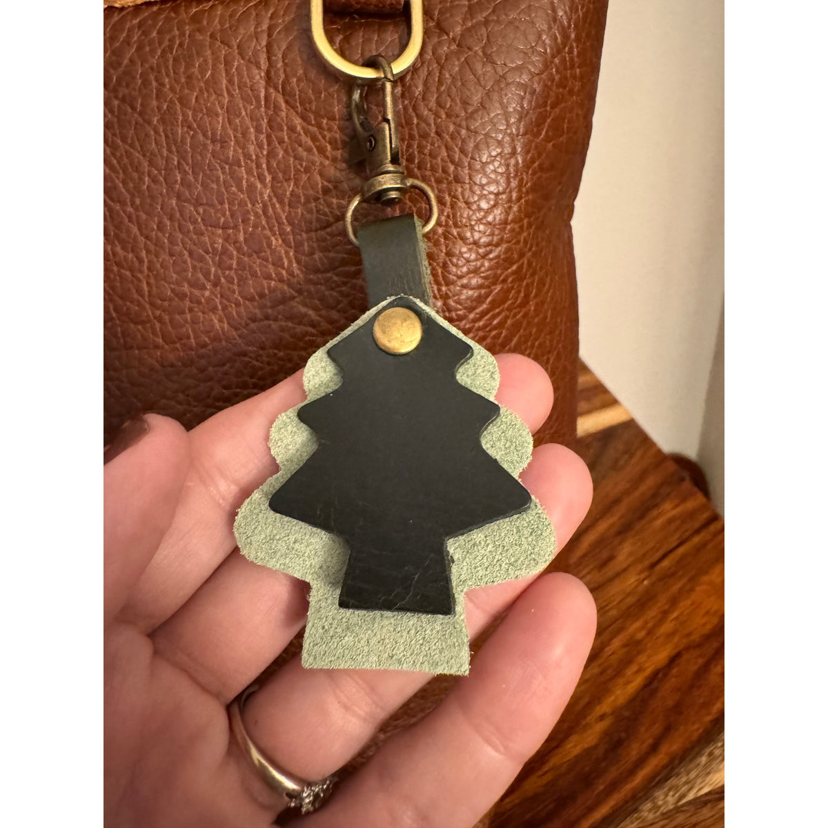 Holiday Christmas Bag Charm Genuine Leather Christmas Tree Green Purse Charm