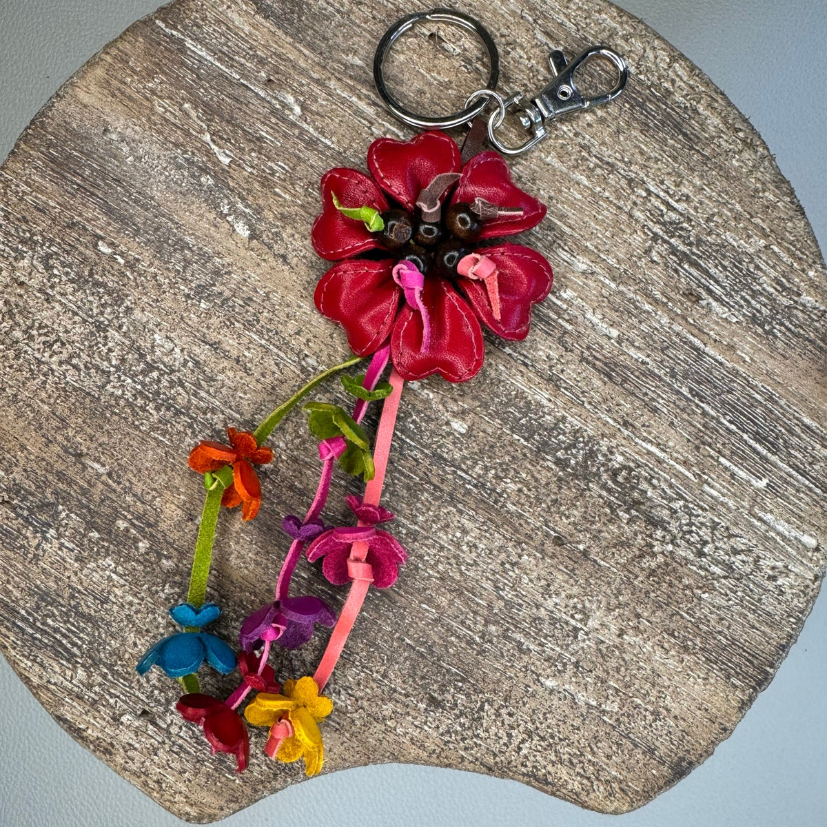 Red Leather Beaded Daisy Flower Purse Charm Genuine Leather Bag Charm NEW