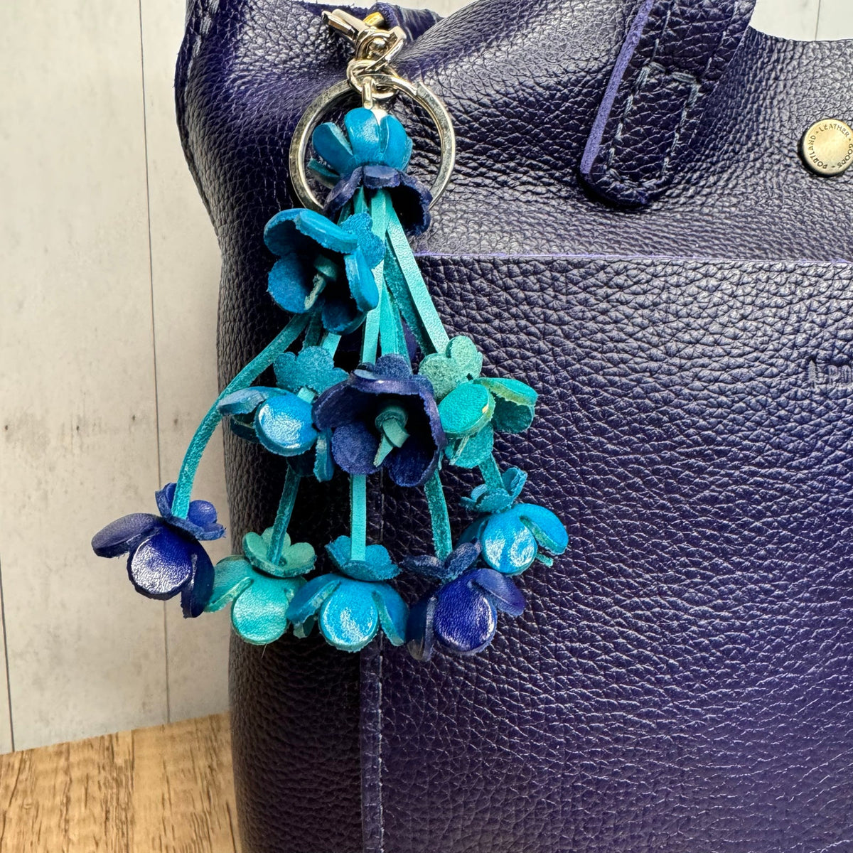 Blue Purse Charm Genuine Leather Bag Charm Blue Flower Bouquet FAST SHIP