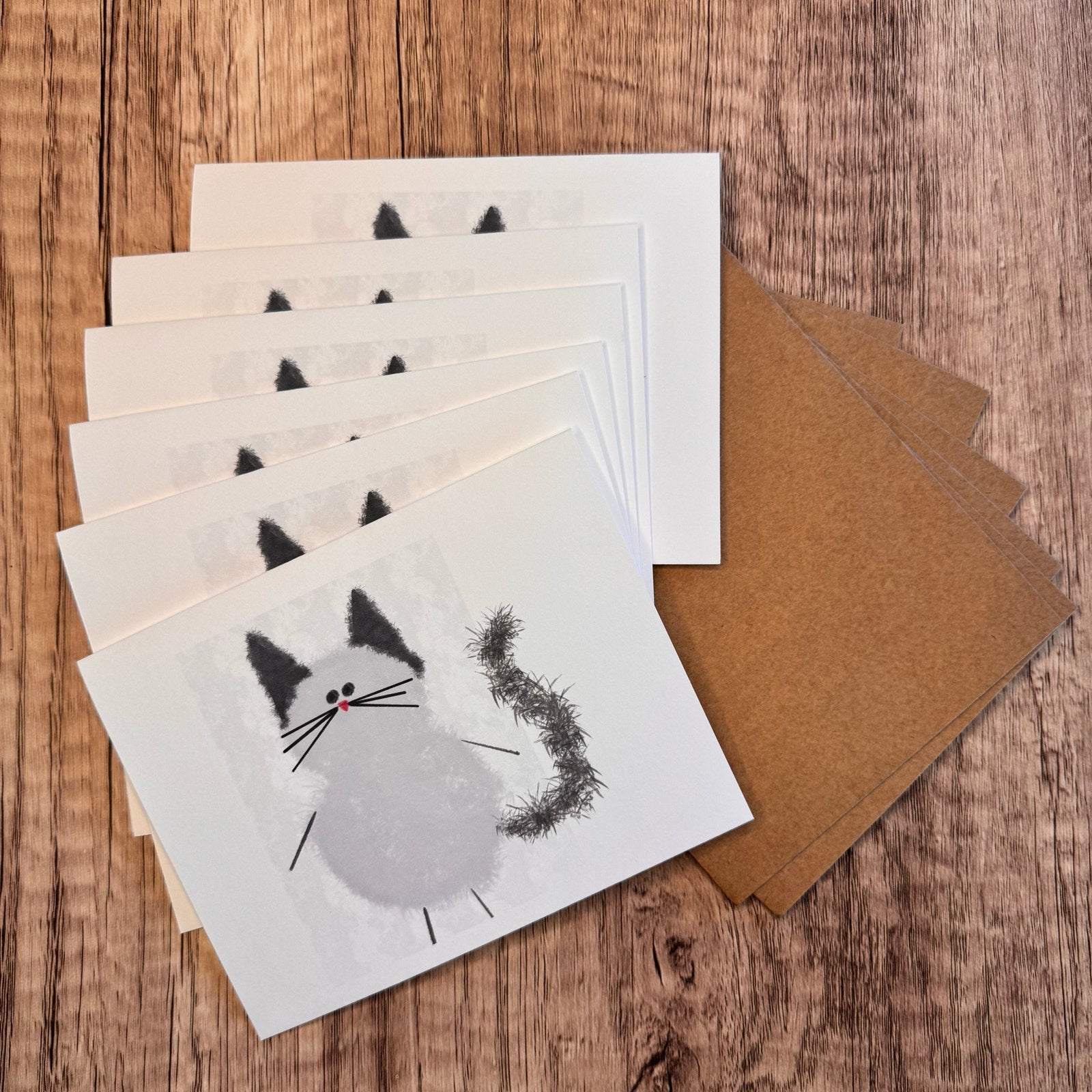 Greeting Cards Blank Notes Cat Lover Gray Cat 6 w/Envelopes Custom Art NEW!
