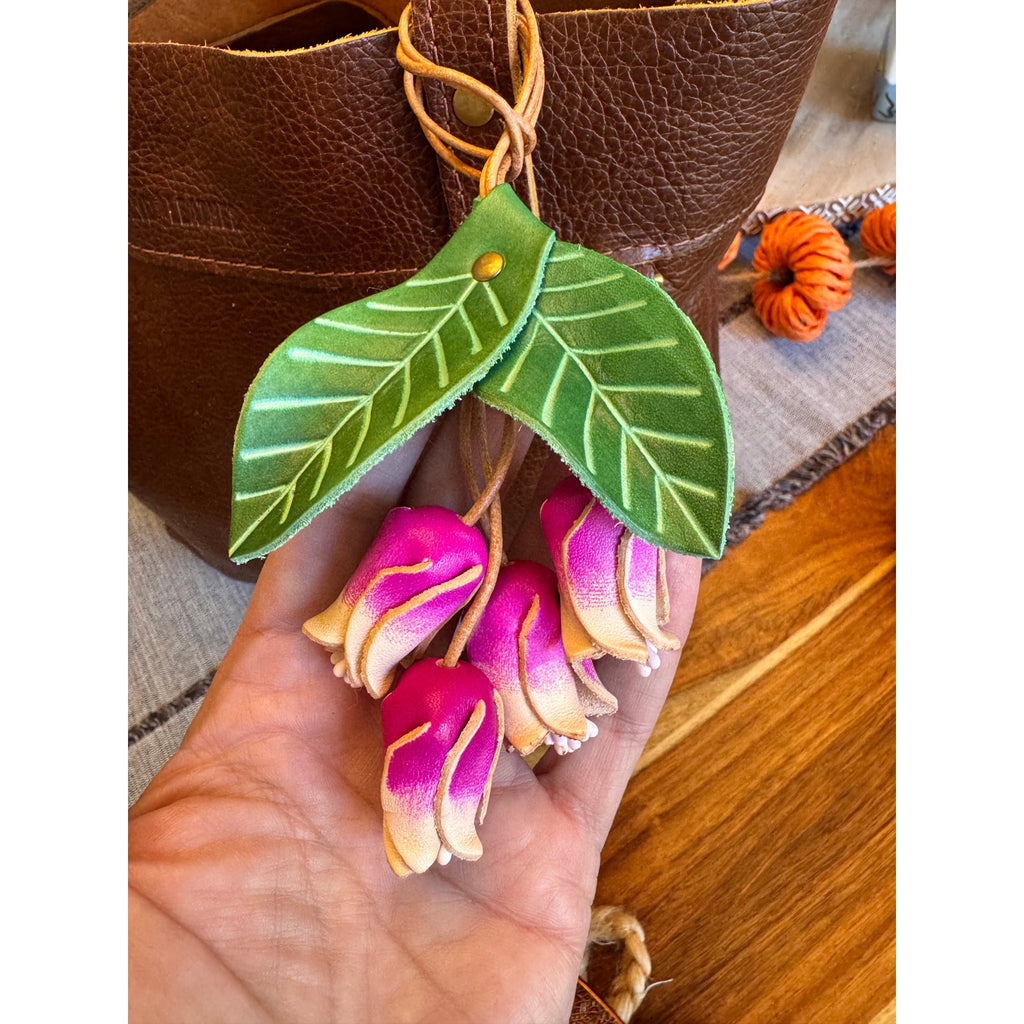 Genuine Leather Green Leaf Hot Pink Flower Purse Charm Leather Bag Charm