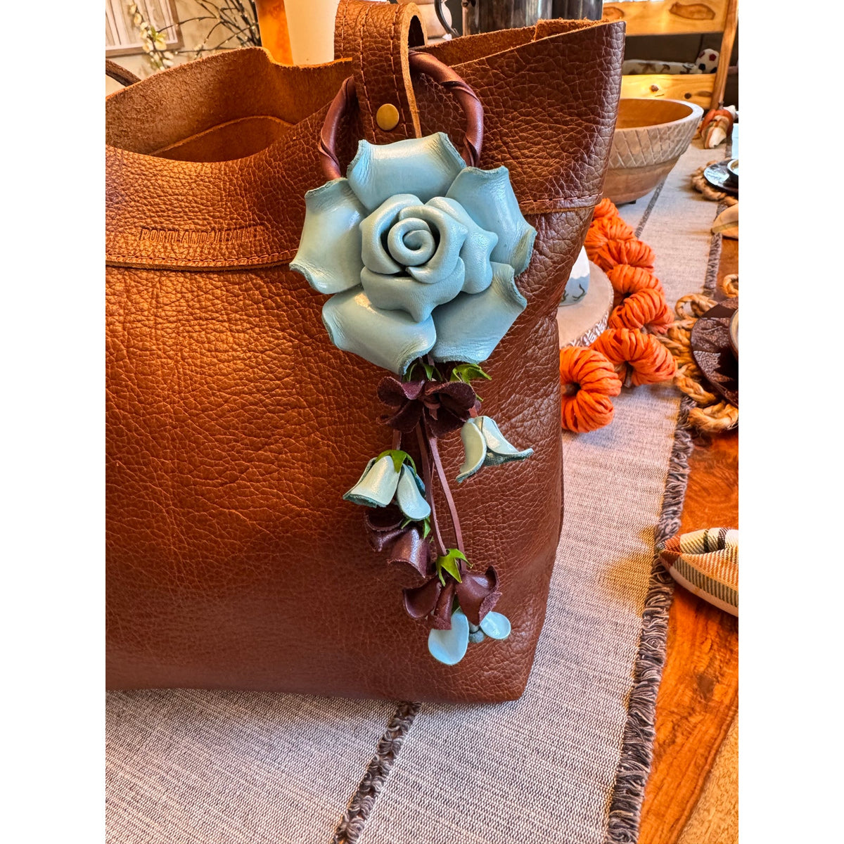Baby Blue Rose Purse Charm Flower Bag Charm Genuine Leather Accessories NEW!