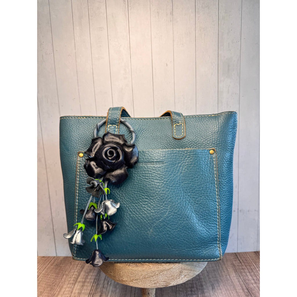 Leather Black Rose Purse Charm Genuine Leather Flower Bag Charm FAST SHIP