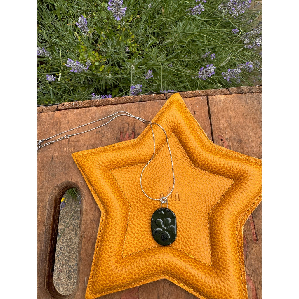Kiln Fired Mirror Daisy Necklace Handcrafted Ceramic Pendant Jewelry Green