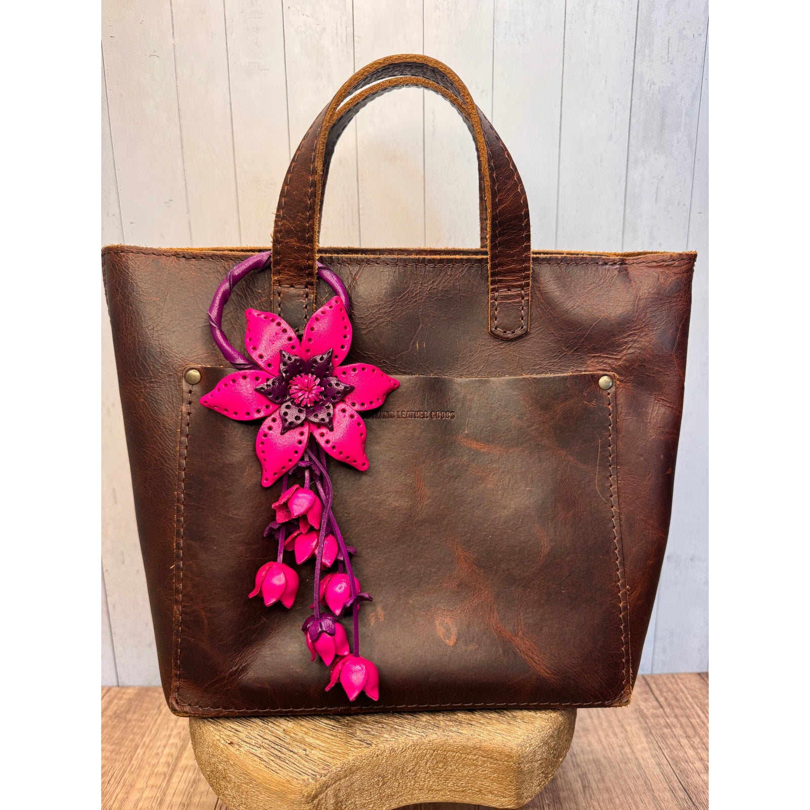 Leather Purse Charm Genuine Leather Bright Pink Flower Bag Charm NEW FAST SHIP