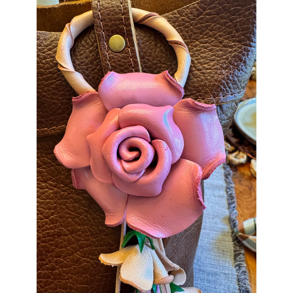 Poppy Pink Rose Purse Charm Flower Bag Charm Genuine Leather Accessories NEW!