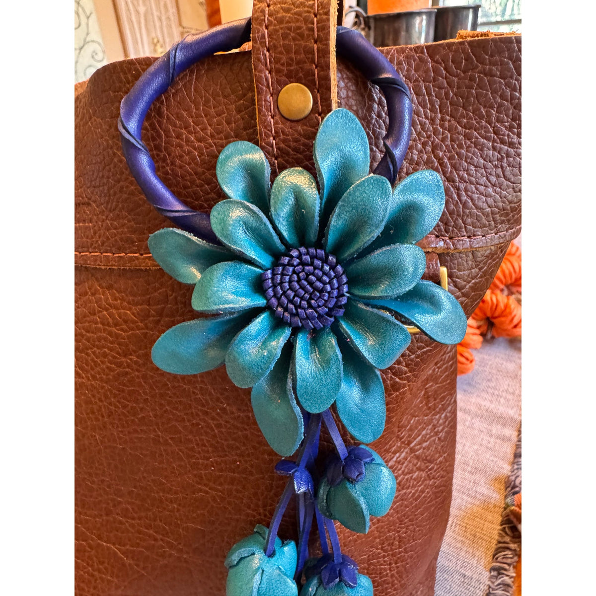 Blue Flower Purse Charm Flower Bag Charm Genuine Leather Accessories NEW!