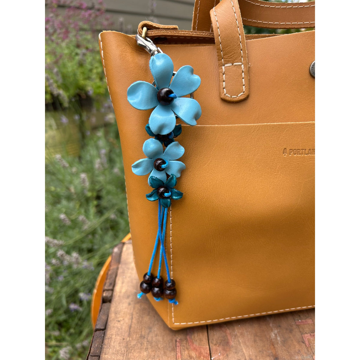 Plumeria Flower Bag Charm Genuine Leather Bag Charm Light blue Flower Charm