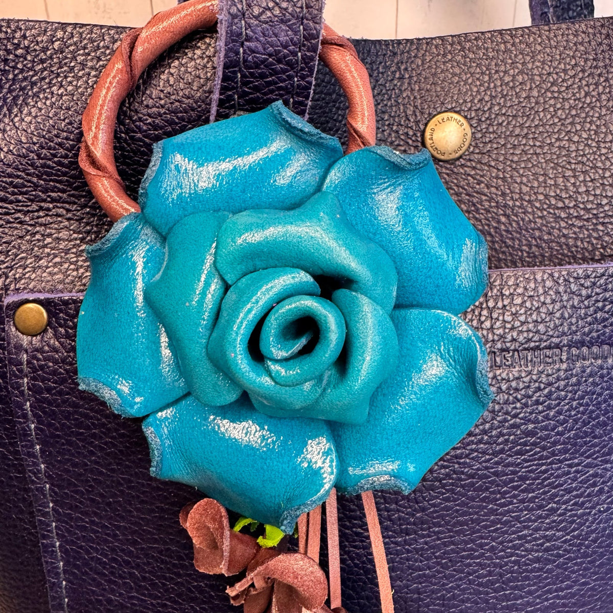 Leather Bright Blue Rose Purse Charm Genuine Leather Flower Bag Charm FAST SHIP