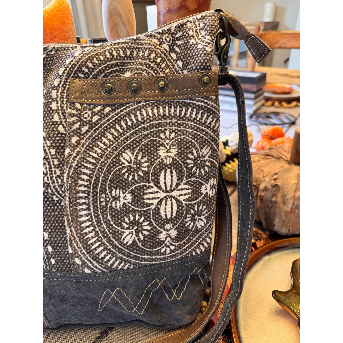 Canvas Crossbody Bag Grey Brown Greige Neutral Messenger Tote Bag NEW!  13 x 12