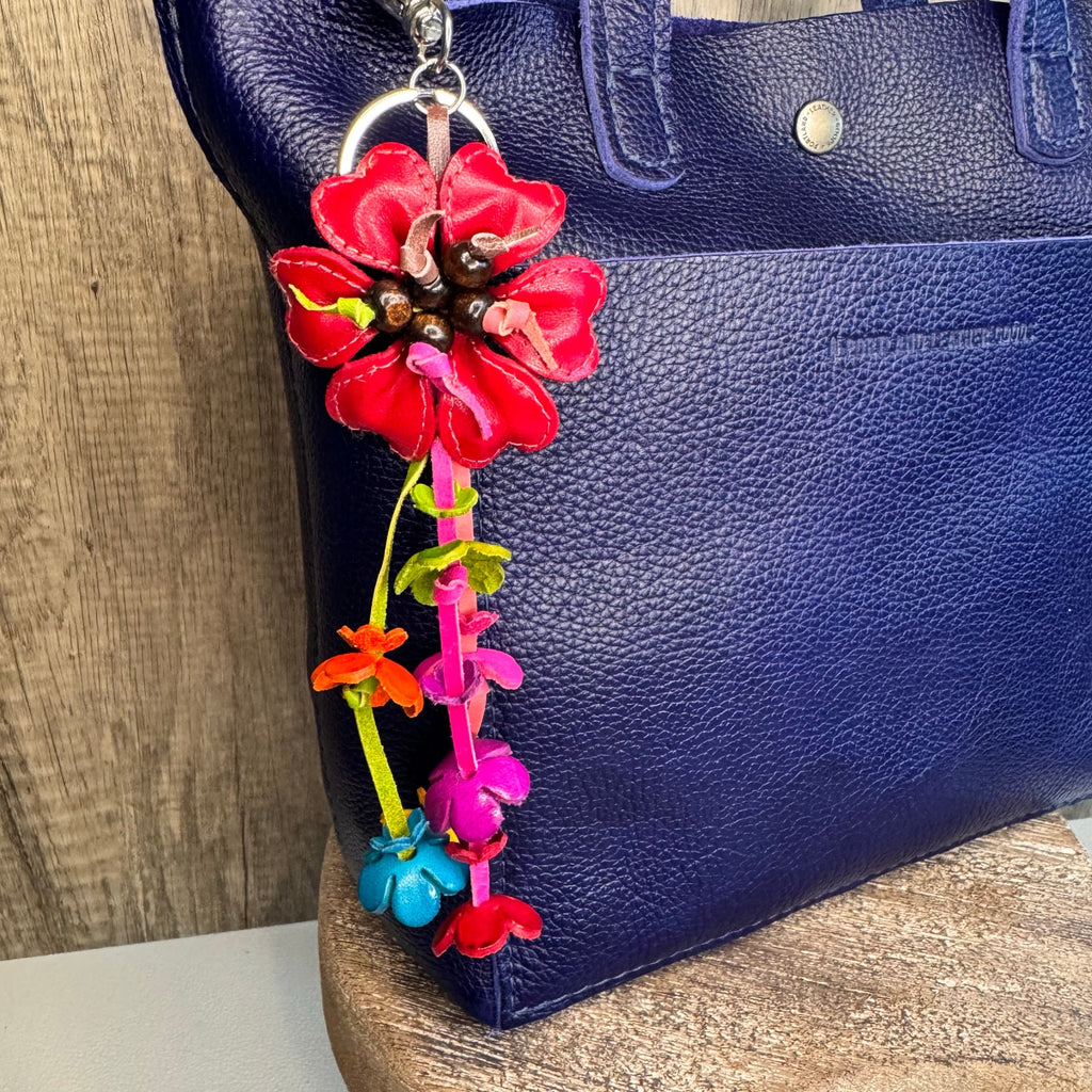Red Leather Beaded Daisy Flower Purse Charm Genuine Leather Bag Charm NEW