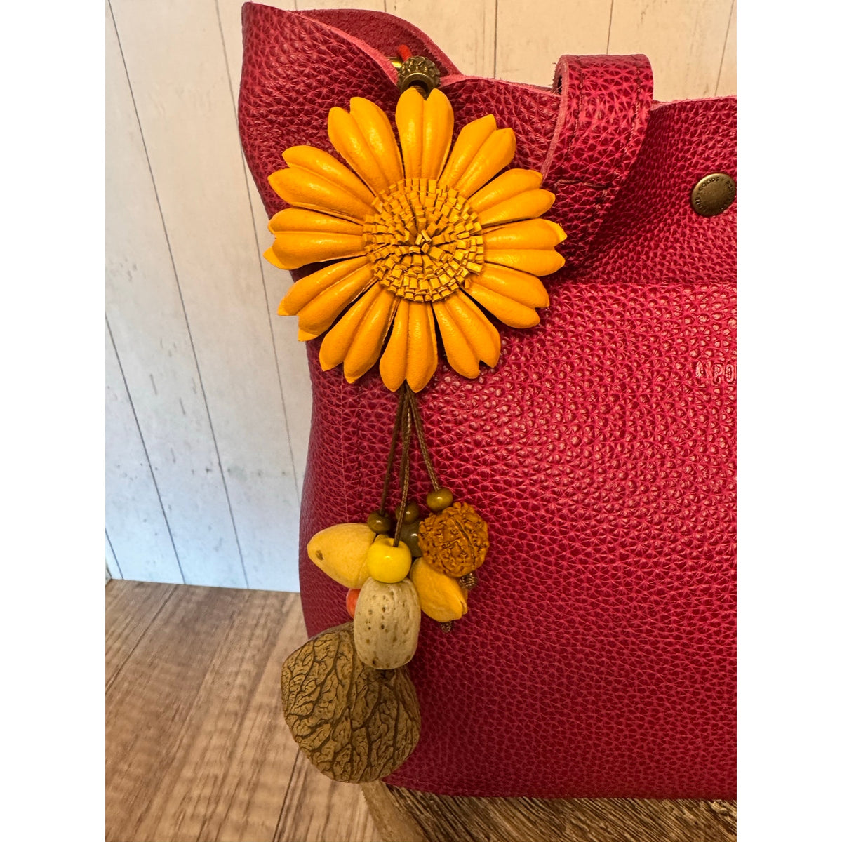 Summer Neutral Tan Gerbera Daisy Purse Charm Genuine Leather Flower Bag Charm