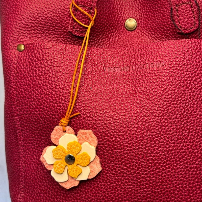 Leather Flower Bag Charm Yellow White Pink Flower Purse Charm Genuine Leather