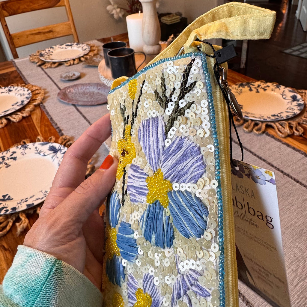 Blue yellow Beaded Crossbody Club Bag Stitched Phone Bag Small Night out Purse