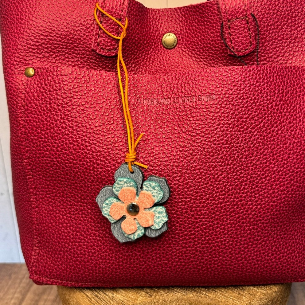 Leather Flower Bag Charm Pink Blue Indigo Flower Purse Charm Genuine Leather