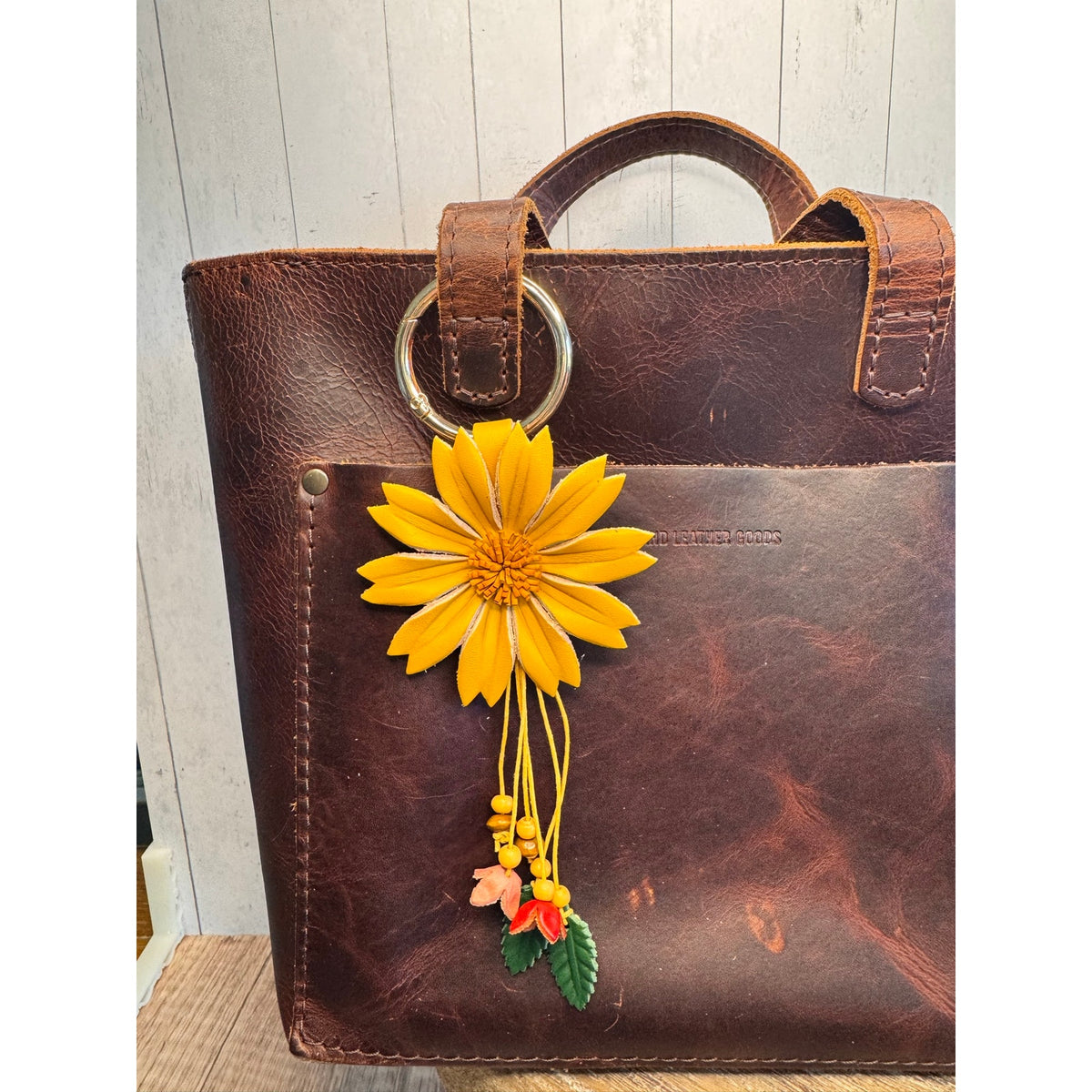 Yellow Dahlia Purse Charm Genuine Leather Flower Yellow Bag Charm NEW FAST SHIP