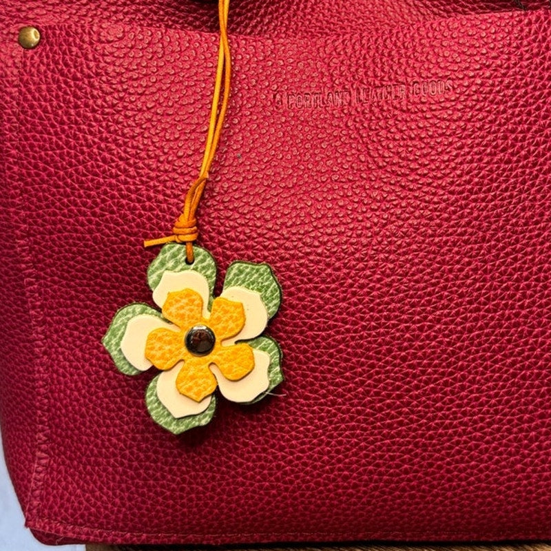 Leather Flower Bag Charm Yellow White Green Flower Purse Charm Genuine Leather