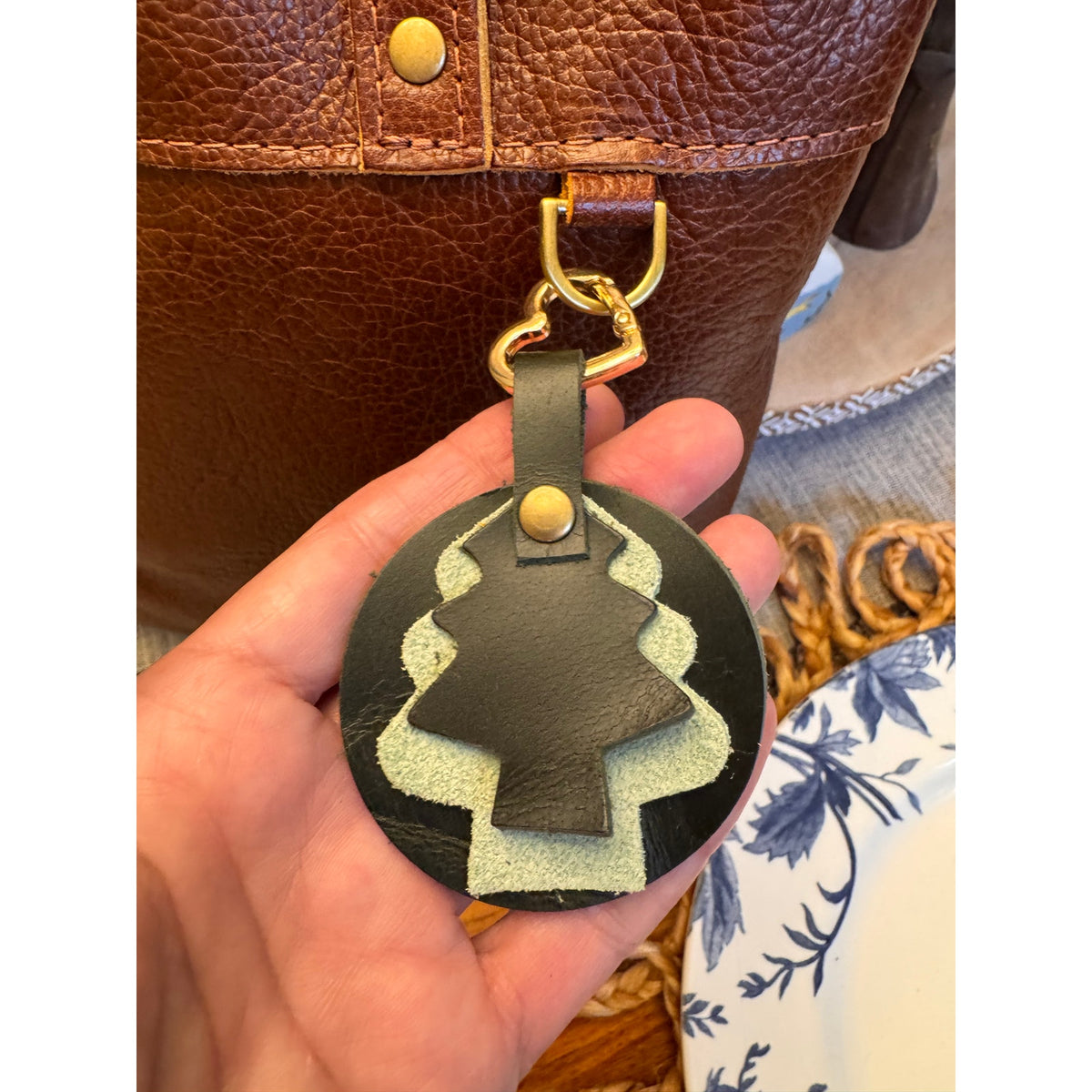 Christmas Tree Holiday Bag Charm Genuine Leather Green Purse Charm
