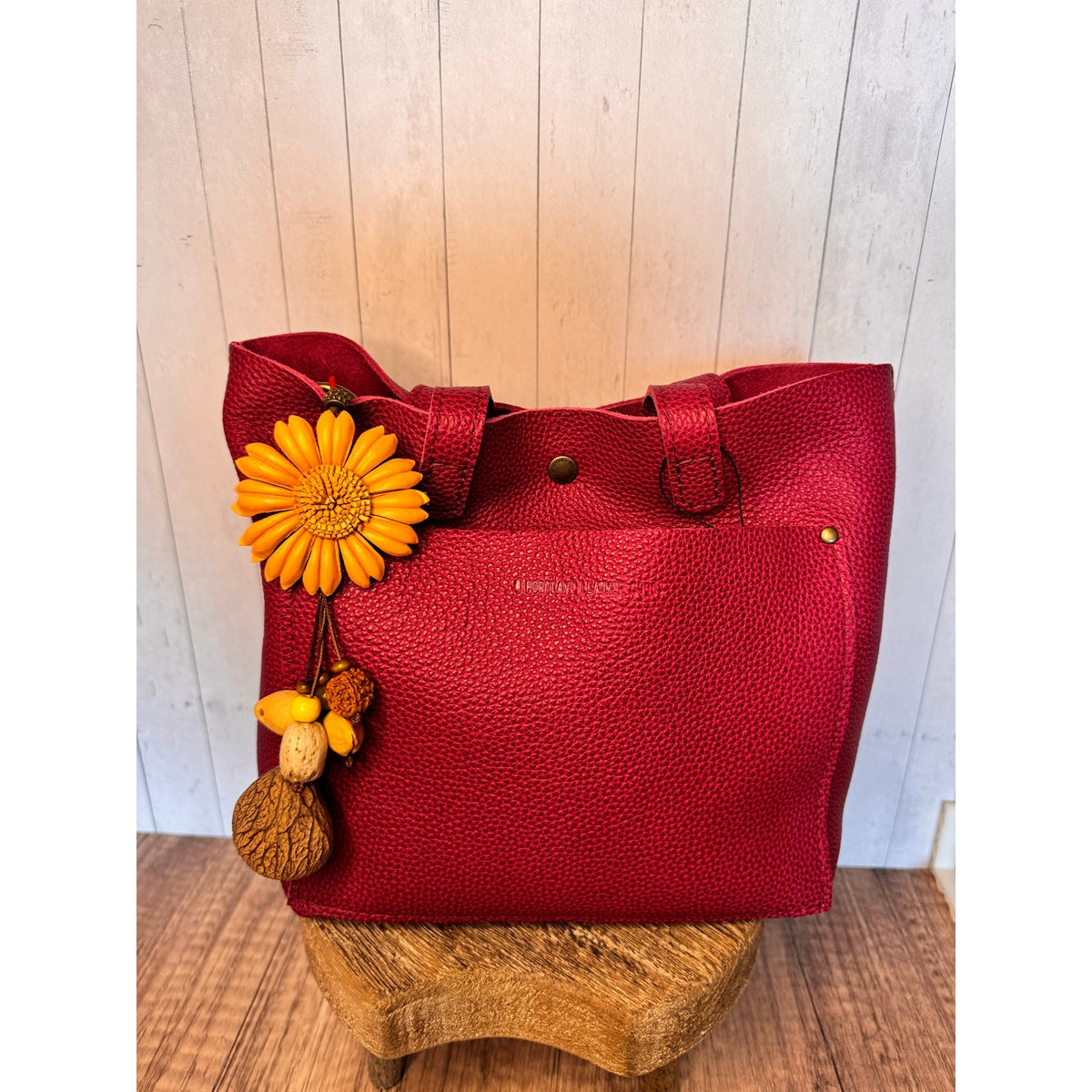 Summer Neutral Tan Gerbera Daisy Purse Charm Genuine Leather Flower Bag Charm