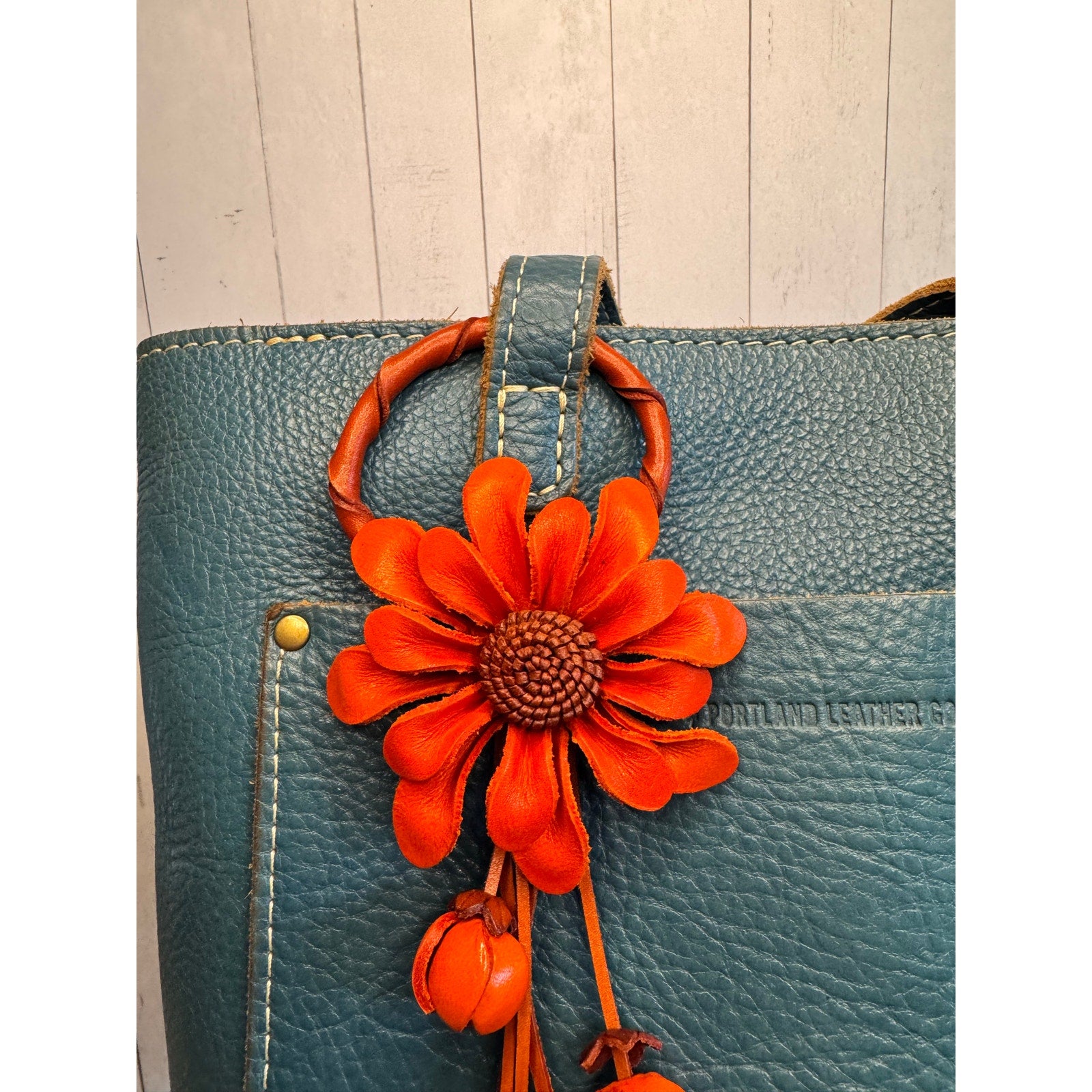 Leather Mum Flower Dahlia Orange  Purse Charm Genuine Leather Flower Bag Charm