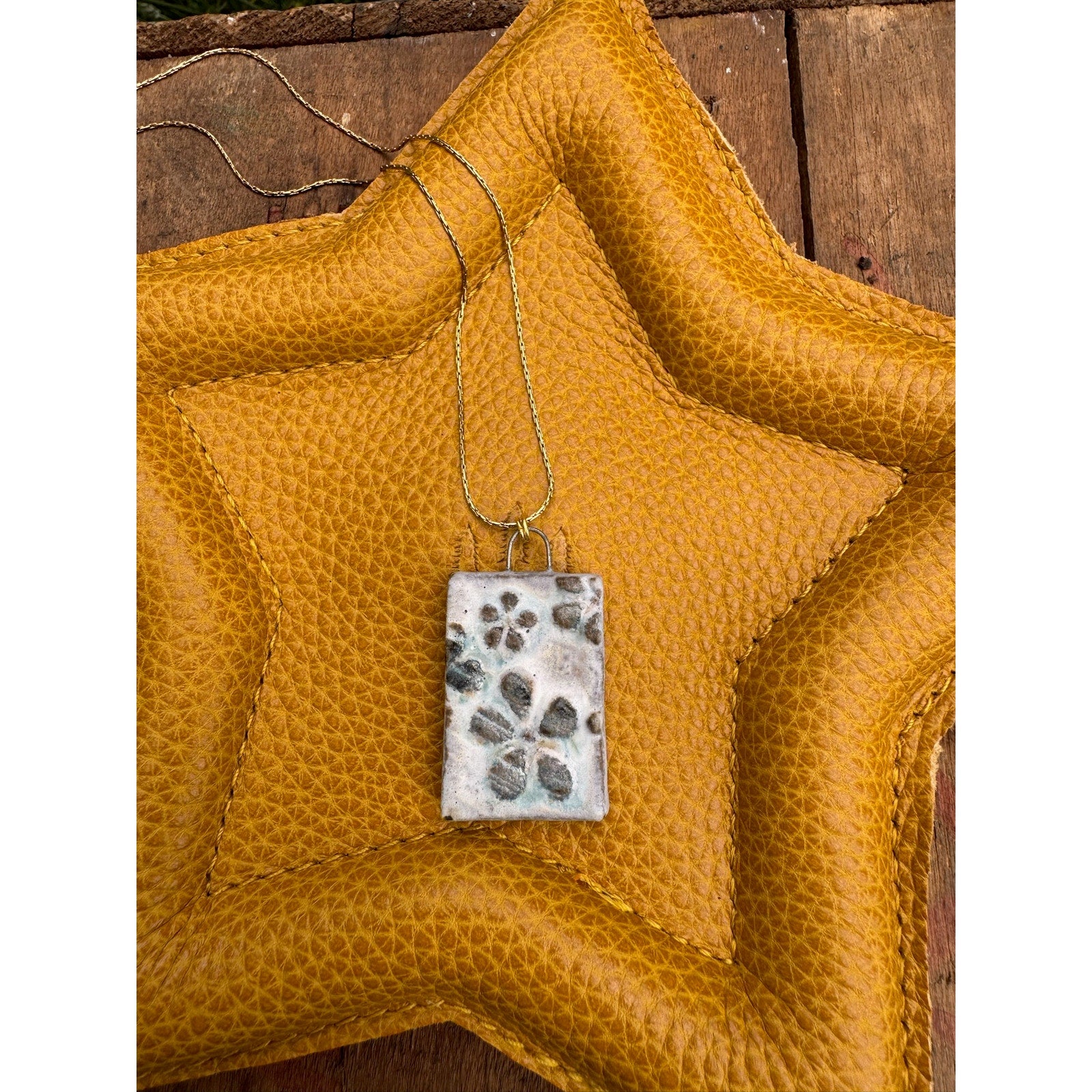 Kiln Fired Rectangle Daisy Necklace Handcrafted Matte White Jewelry