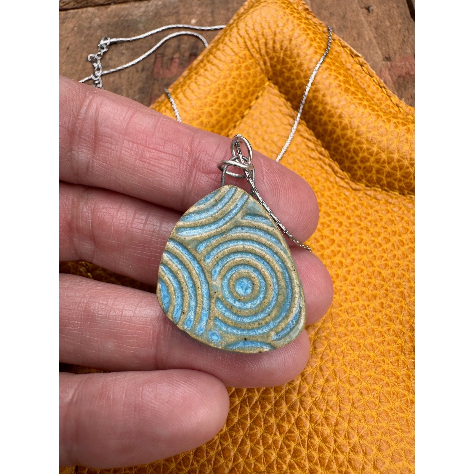 Boho Blue Circles Necklace Handmade Pendant Ceramic Necklace Medallion Jewelry