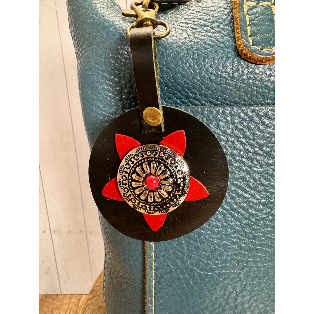 Round Western Star Bag Charm Genuine Leather Red Rhinestone Purse Charm NEW!