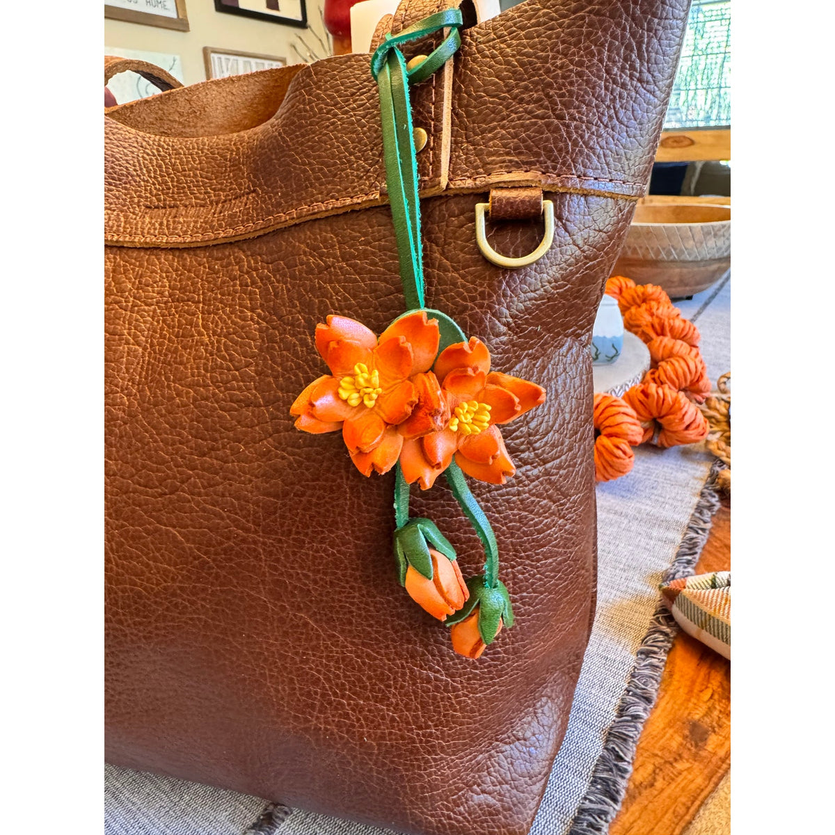 Genuine Leather Trailing Orange Flower Purse Charm Leather Bag Charm