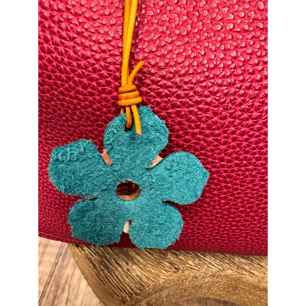 Leather Flower Bag Charm Pink White Blue Flower Purse Charm Genuine Leather