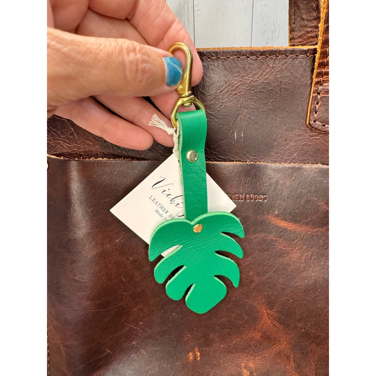 Monstera Leaf Green Leather Bag Charm Genuine Leather Purse Keychain FAST SHIP