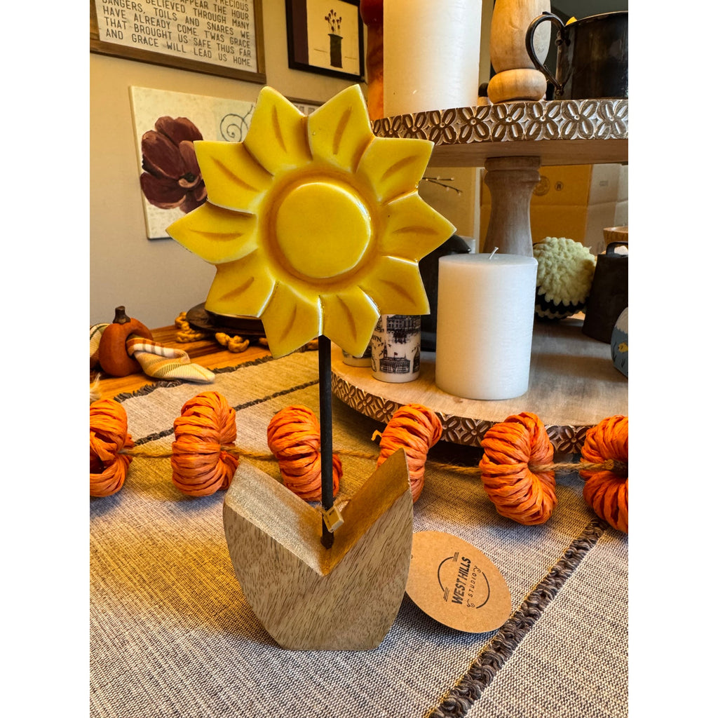 Set of 3 Rustic Home Decor Wood Flower Candle Plate Yellow Songbird Daisy Flower